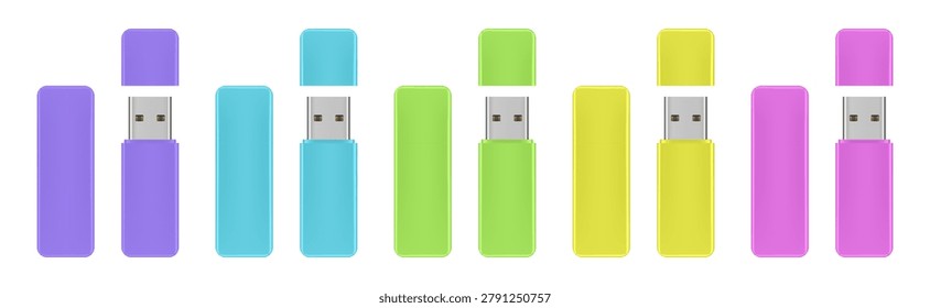 Mockup of usb flash drive. Yellow, neon green, purple and blue gadgets. Open and closed cap. Storage device