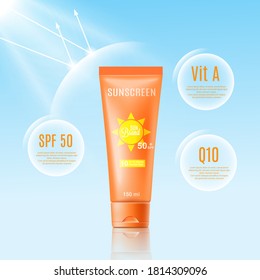 Mockup of UV sun rays protection cream or lotion in plastic tube, realistic vector illustration at blue sky background. Summer skin care cosmetic product template.