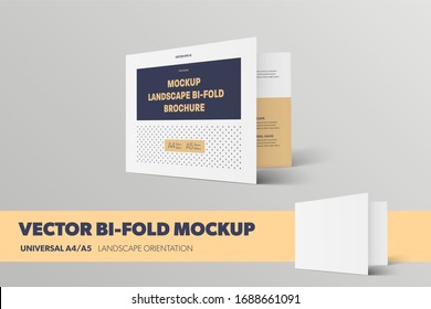 Mockup of vector bifold with realistic shadows, standard size blank brochure isolated on background. Universal landscape booklet template with abstract pattern for design presentation