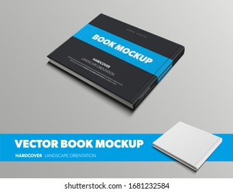 Mockup of vector black book with horizontal blue insert hardcover landscape orientation, back view, isolated on gray background. White object template with realistic shadows for design presentation.
