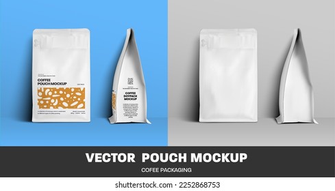 Mockup of vector coffee pouch, white package with modern design, with place for pattern, branding. Realistic illustration pack template, isolated on background