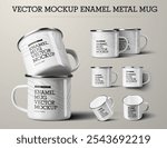 Mockup of vector enameled metal cup with handle, composition of stacked mugs, white cup isolated on background. Set of illustrations for advertising in tourism store. Iron mug template for design