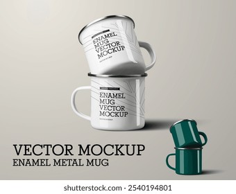 Mockup de vetor esmaltado copo de metal com alça, canecas dobradas diagonalmente, branco, copo verde isolado no fundo. Conjunto de ilustrações para publicidade. Modelo de caneca de ferro para design, marca