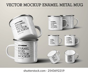 Mockup of vector enameled metal cup with handle, composition of stacked mugs, white cup isolated on background. Set of illustrations for advertising in tourism store. Iron mug template for design