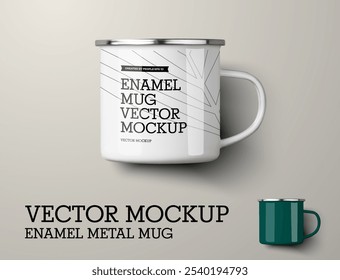 Mockup de vetor caneca de metal esmaltado com alça, borda espelho, branco, copo verde para design, padrão, impressão, branding. Ilustração para publicidade. Modelo de taça de ferro, isolado no fundo.