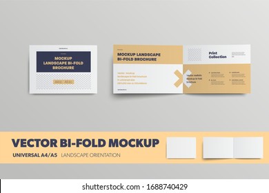 Mockup vector leaflet, universal horizontal orientation brochure, for design presentation.Closed and open bifold template isolated on background.Set landscape booklet with realistic shadows.Front view