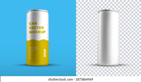 Mockup of a vector medium aluminum bottle with a yellow design for a refreshing drink. Tin can template isolated on background. Set of carbonate containers for the presentation of the logo and pattern