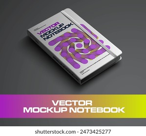 Mockup vector notebook with elastic band with geometric abstract design on hard cover. Notepad illustration template, diagonal presentation. Closed diary for notes, sketches