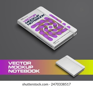 Mockup vector notebook with geometric illustration, diary with elastic band, hardcover for design, on gray background. Organizer template, notepad for notes, sketch, diagonal presentation