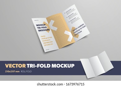Mockup of vector open tri fold on gray background for design presentation. Business brochure template with abstract pattern. Realistic Shadow Booklet