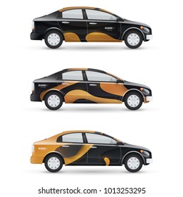 Mockup of vector passenger car. Set of design templates for transport in modern style. Branding for advertising, business and corporate identity.
