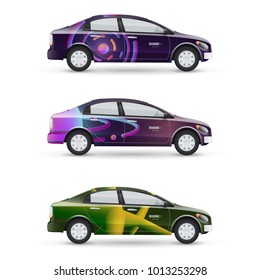 Mockup of vector passenger car. Set of design templates for transport in modern style. Branding for advertising, business and corporate identity.