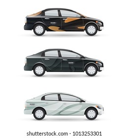 Mockup of vector passenger car. Set of design templates for transport in modern style. Branding for advertising, business and corporate identity.