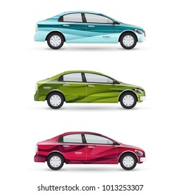 Mockup of vector passenger car. Set of design templates for transport in modern style. Branding for advertising, business and corporate identity.