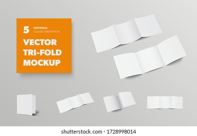 Mockup of vector square tri-fold, blank open and closed booklets, with realistic shadows, for design presentation. Set of standard business brochure templates, front and back views, roll fold cover
