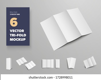 Mockup of vector tri-fold, white open and closed brochures, for design presentation. Set of standard business booklet templates with realistic shadows, front and back views, roll fold cover