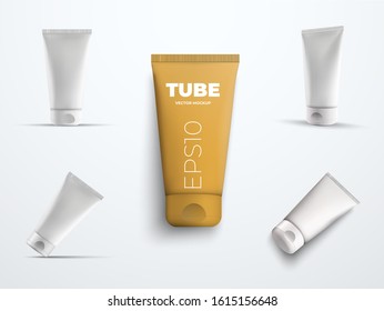 Mockup Vector Tubes For Skin Care Products On A White Background With Shadows. Set Template With Packaging For Advertising In The Online Store. Design Of Cream And Lotion Boxes