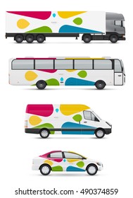 Mockup vehicles for advertising and corporate identity. Branding design for transport. Passenger car, bus and van. Graphics elements with abstract modern geometric shapes.