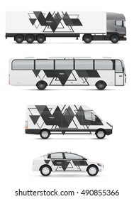 Mockup vehicles for advertising and corporate identity. Branding design for transport. Passenger car, bus and van. Graphics elements with abstract modern geometric shapes.
