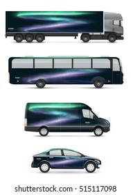 Mockup vehicles for advertising and corporate identity. Branding design for transport. Passenger car, bus and van. Graphics elements with northern lights.