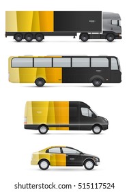 Mockup vehicles for advertising and corporate identity. Branding design for transport. Passenger car, bus and van. Graphics elements with abstract modern geometric shapes.