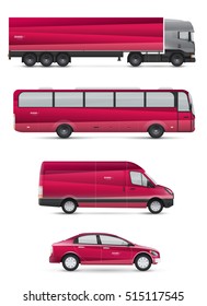 Mockup vehicles for advertising and corporate identity. Branding design for transport. Passenger car, bus and van. Graphics elements with abstract modern geometric shapes.