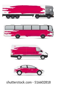 Mockup vehicles for advertising and corporate identity. Branding design for transport. Passenger car, bus and van. Graphics elements with abstract artistic watercolor brush strokes.