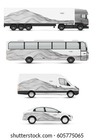 Mockup vehicles for advertising and corporate identity. Branding design for transport. Passenger car, bus and van. Graphics elements with abstract geometric objects.