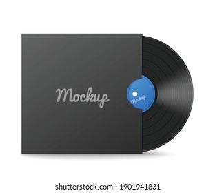 Mockup Of Vinyl Music Record Disc In Black Envelope Cover, Realistic Vector Illustration Isolated On White Background. Music Label Lp Retro Disc Template.