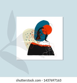 Mockup wall art with falling vegetation shadows. Creative contemporary modern woman portrait. Beauty vogue concept. Simple model drawing with colorful freehand abstract elements. 