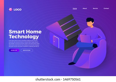 Mock-up website landing page flat design concept people connecting smarthome technology. Vector illustrate.