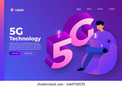 Mock-up website landing page flat design concept people connecting 5G technology. Vector illustrate.