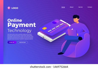 Mock-up website landing page flat design concept people connecting payment technology. Vector illustrate.