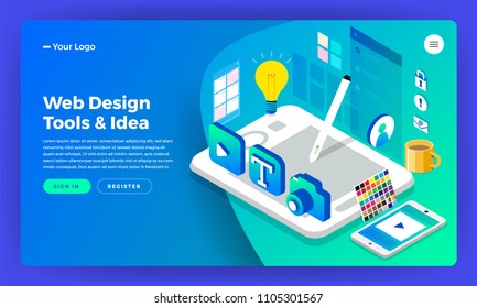 Mockup Website Landing Page Isometric Flat Design Concept Web Designer. Vector Illustration. Website Layout Design.