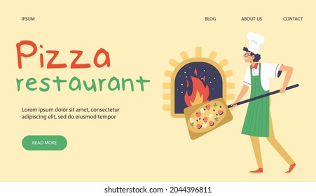 Mockup of website for pizza restaurant with cartoon cook preparing tasty italian pizza, flat vector illustration. Landing page interface for pizzeria and italian cuisine.