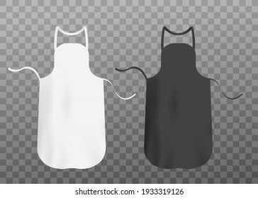 Mockup of white and black blank chef aprons with rounded edge, realistic vector illustration isolated on transparent background. Restaurant or housewife aprons set.