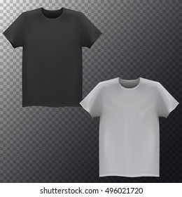 Mockup white and black shirts on transparent background. Blank template for branding, advertising, textile. Vector illustration.