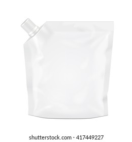 Mockup White Blank Doy Pack, Doypack Foil Food Or Drink Bag Packaging With Corner Spout Lid. Illustration Isolated On White Background. Mock Up Template Ready For Your Design. Product Packing 