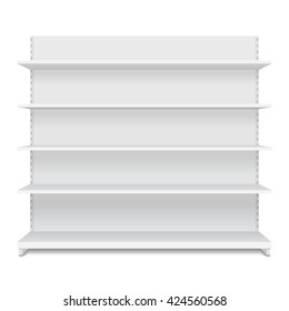 Mockup White Blank Empty Showcase Display With Retail Shelves. Front View 3D. Illustration Isolated On White Background. Mock Up Template Ready For Your Design. Product Packing Vector EPS10