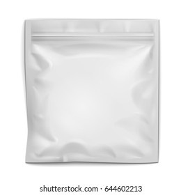 Mockup White Blank Filled Retort Foil Pouch Bag Packaging With Zipper. For Medicine Drugs Or Food Product. Illustration Isolated On White Background. Mock Up Template Ready For Your Design. 