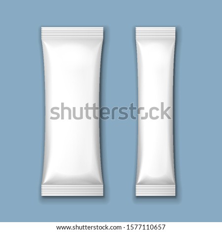 Mockup White Blank Foil Packaging Sachet Coffee, Salt, Sugar, Pepper Or Spices Stick Plastic Pack. Mock Up, Template Ready For Your Design. On Blue, Gray Background. Vector EPS10 