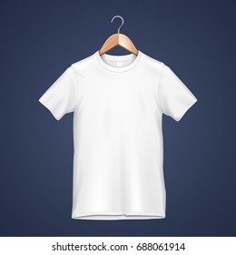 Mockup White Blank Mens Or Unisex Cotton T-Shirt On The Hanger. Front View. Illustration Isolated On Blue Background. Mock Up Template Ready For Your Design. Vector EPS10