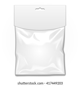 Mockup White Blank Plastic Pocket Bag. Transparent. With Hang Slot. Illustration Isolated On White Background. Mock Up Template Ready For Your Design. Vector EPS10