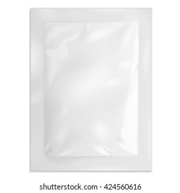 Mockup White Blank Retort Foil Pouch Packaging Medicine Drugs Or Coffee, Salt, Sugar, Sachet, Sweets Or Condom. Illustration Isolated On White Background. Mock Up Template Ready For Your Design. 