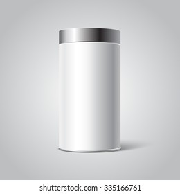 Mockup Of White Blank Tin Can Packaging. Tea, Coffee, Dry Products, Gift Box. Place Your Design.