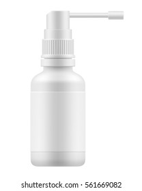 Mock-up white bottle with medicine throat spray. Realistic 3d blank template aerosol medication container. drug liquid for flu and allergy treatment. Pharmaceutical vector illustration