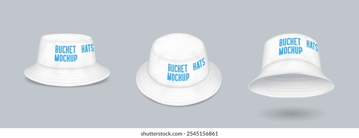 Mockup white bucket hats with logo place realistic vector illustration set. Various perspectives of cap template 3d models on grey background