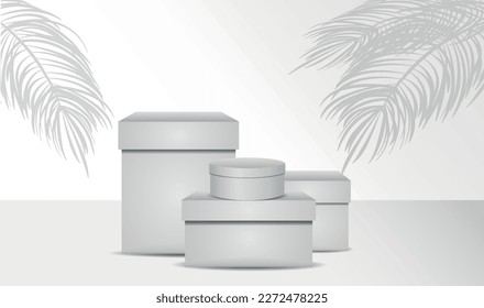 Mockup of white cardboard boxes. Set of empty white food packaging boxes. Vector illustration, box template with shadow for your design and brand