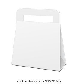 Mockup White Cardboard Carry Box Bag Packaging With Handles For Food, Gift Or Other Products. Illustration Isolated. Mock Up Template Ready For Your Design. Vector EPS10