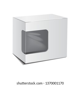 Mockup White Cardboard Plastic Package Box With Window. Illustration Isolated On White Background. Mock Up Template for your design